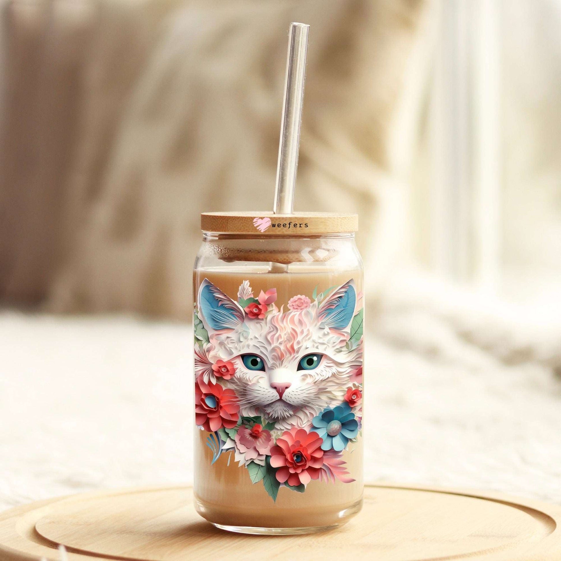 3D Flower Cat 16oz Libbey Glass Can UV DTF or Sublimation Wrap - Transfer - Weefers