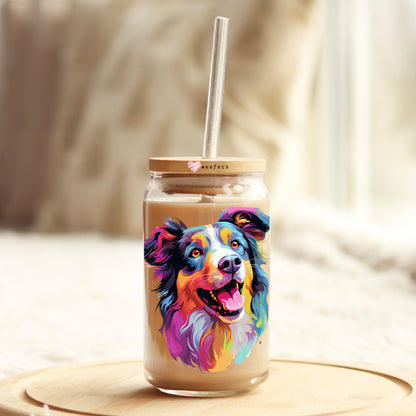 Collie Colorful Watercolor 16oz Libbey Glass Can UV DTF or Sublimation Wrap - Decal - Weefers