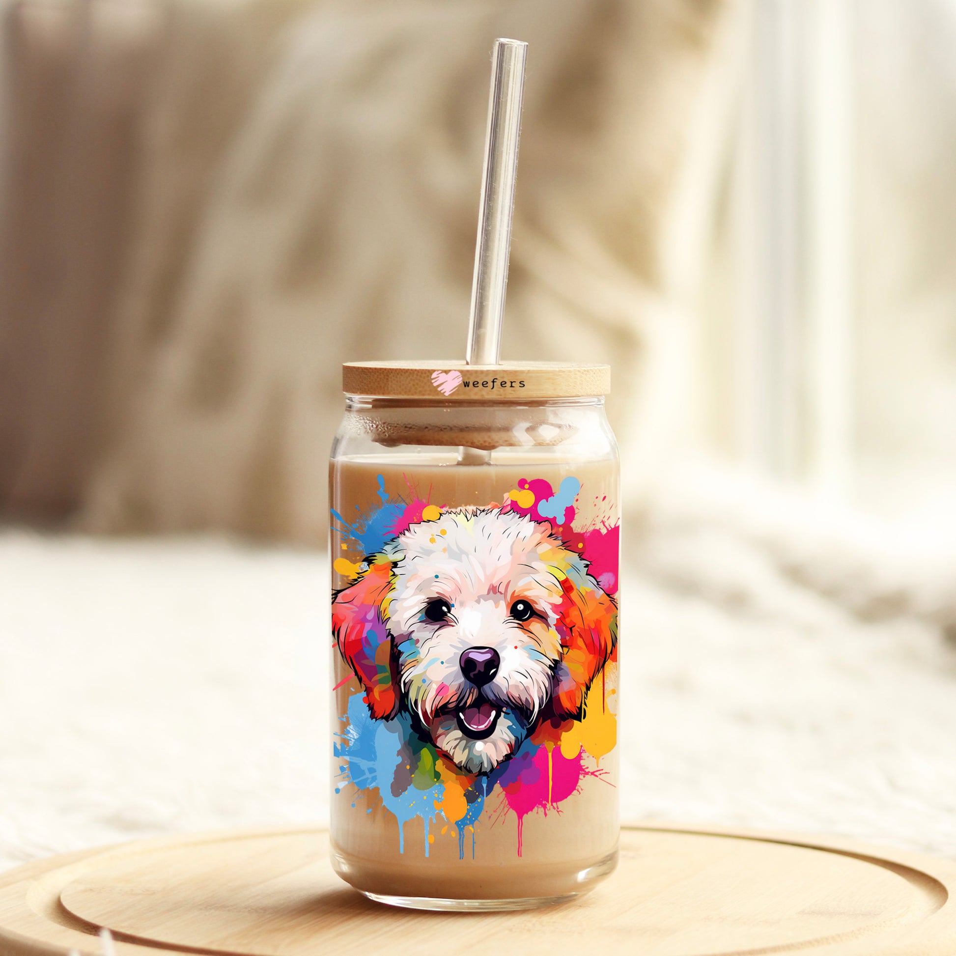 Bichon Frise Colorful Watercolor 16oz Libbey Glass Can UV DTF or Sublimation Wrap - Decal - Weefers