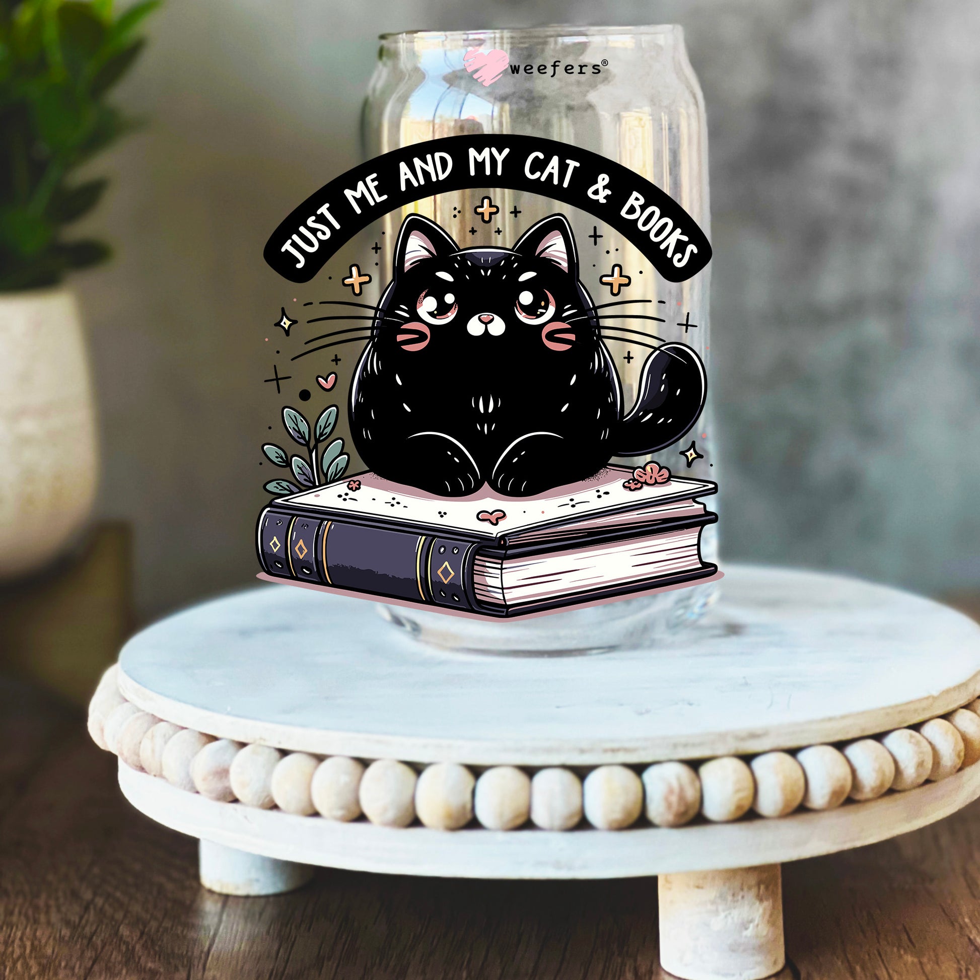 Just Me And My Cats And Books 16oz Libbey Glass Can UV DTF Decal Transfer - Weefers