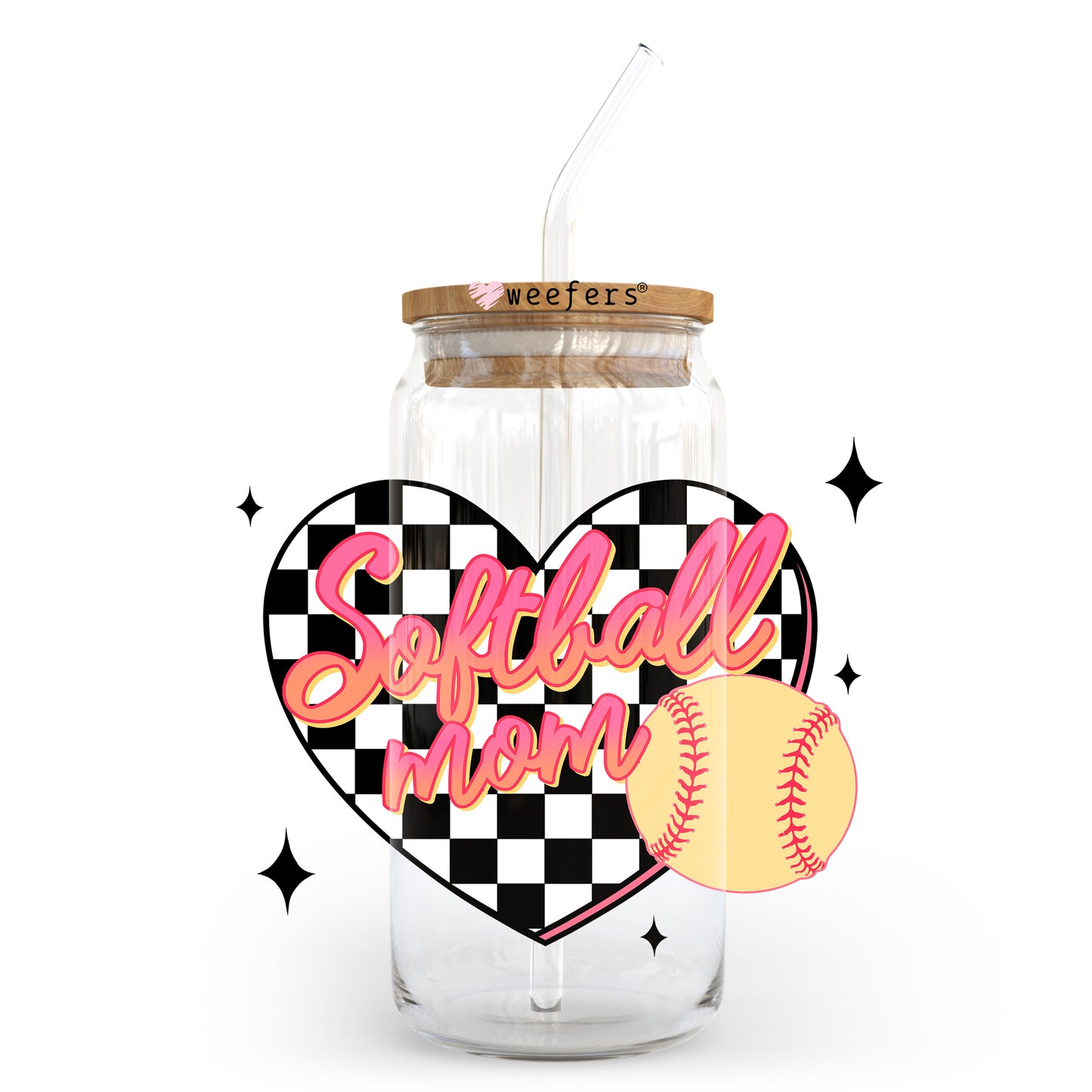 Softball Mom Heart Checkered 20oz Libbey Glass Can, 34oz Hip Sip, 40oz Tumbler, 24oz Cold Cup UV DTF or Sublimation Decal Transfer - Weefers