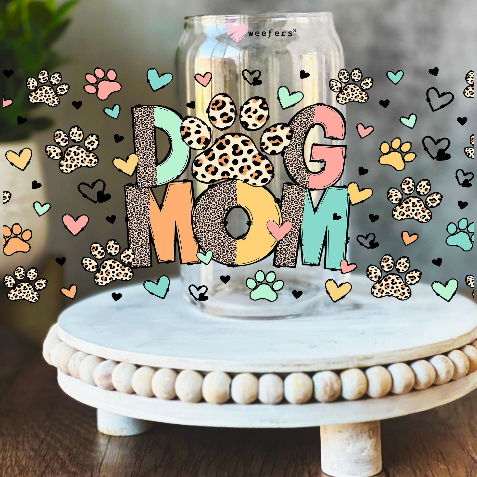 Dog Mom Cheetah Print 16oz Libbey Glass Can UV DTF or Sublimation Wrap Decal Transfer - Weefers