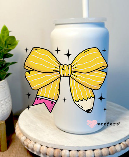 Teacher Yellow Coquette Bow 16oz Libbey Glass Can UV DTF Decal Transfer - Weefers