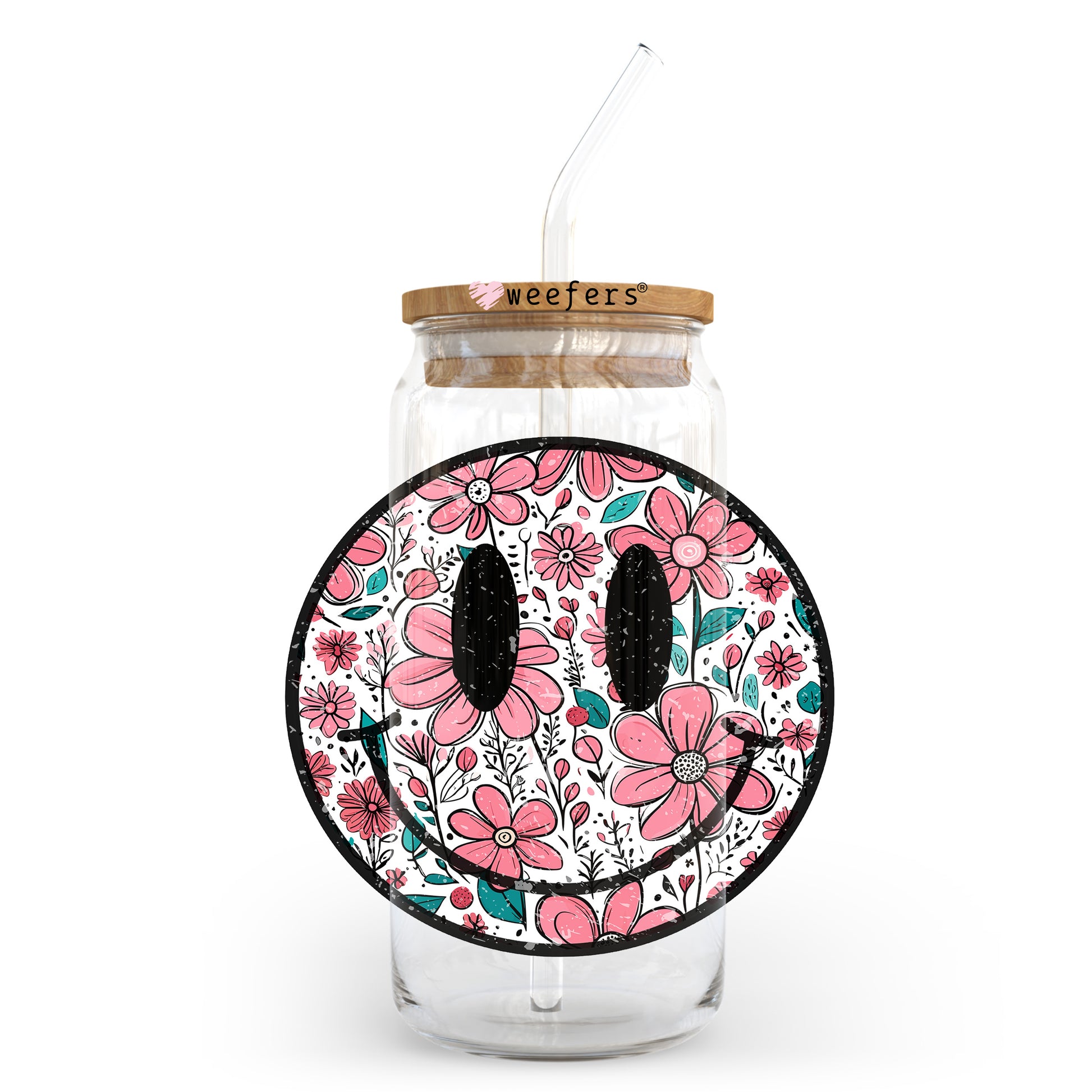 Pink Flower Happy Face 20oz Libbey Glass Can, 34oz Hip Sip, 40oz Tumbler, 24oz Cold Cup UV DTF or Sublimation Decal Transfer - Weefers