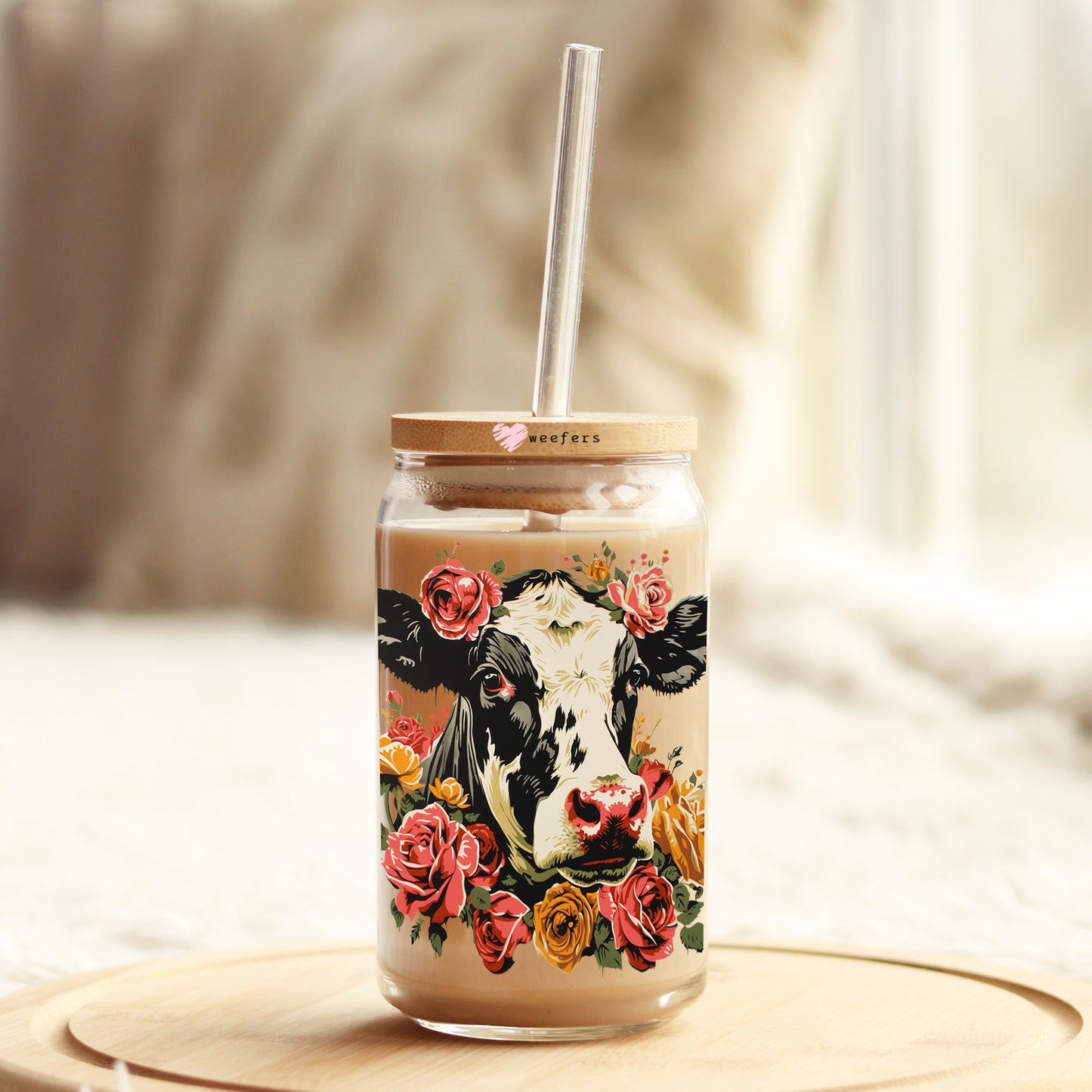 Vintage Floral Cow 16oz Libbey Glass Can UV DTF or Sublimation Wrap - Decal - Weefers