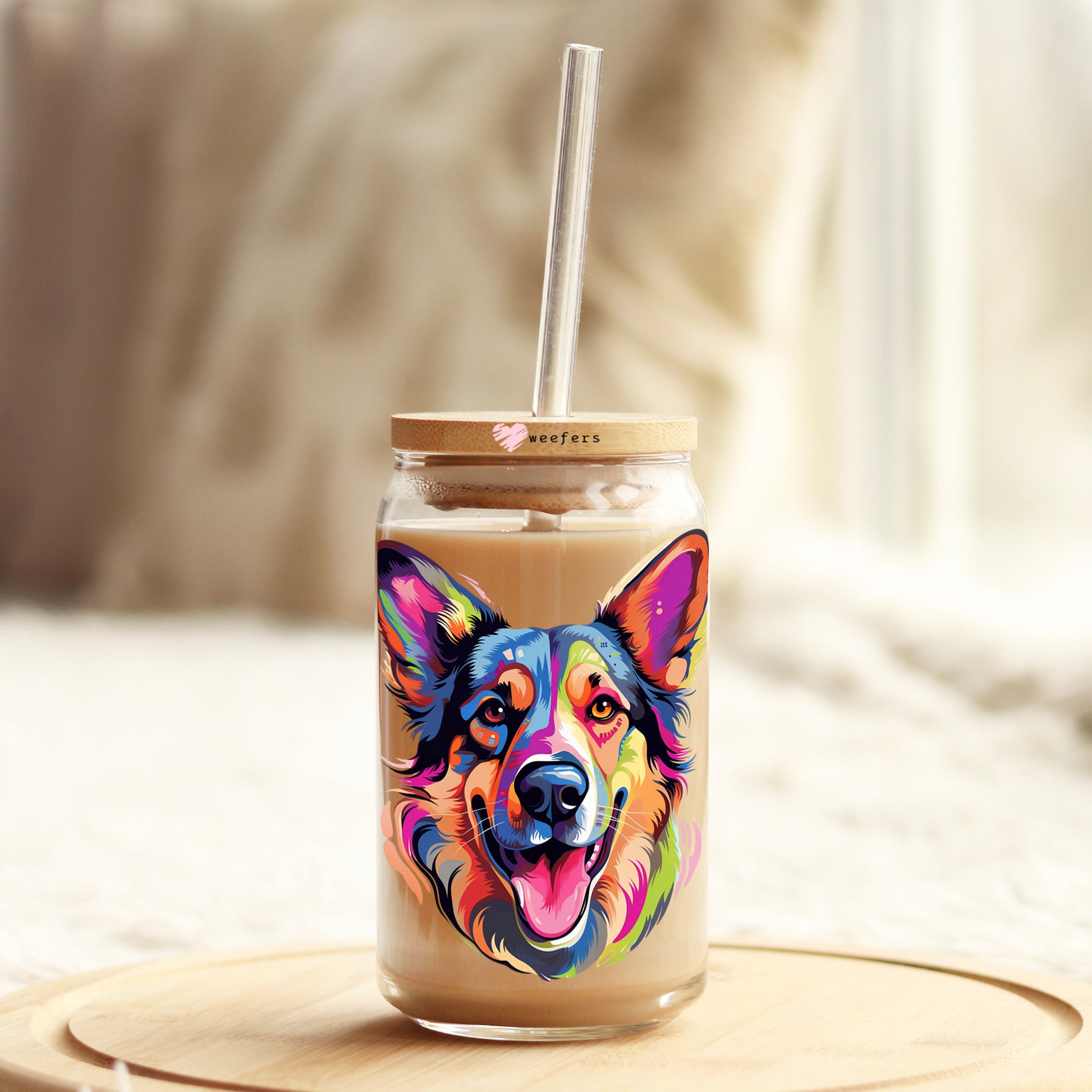 German Shepherd Colorful Watercolor 16oz Libbey Glass Can UV DTF or Sublimation Wrap - Decal - Weefers