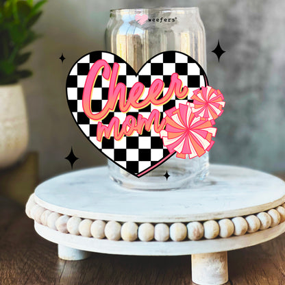 Cheer Mom Black Checkers 16oz Libbey Glass Can UV DTF or Sublimation Wrap Decal Transfer - Weefers