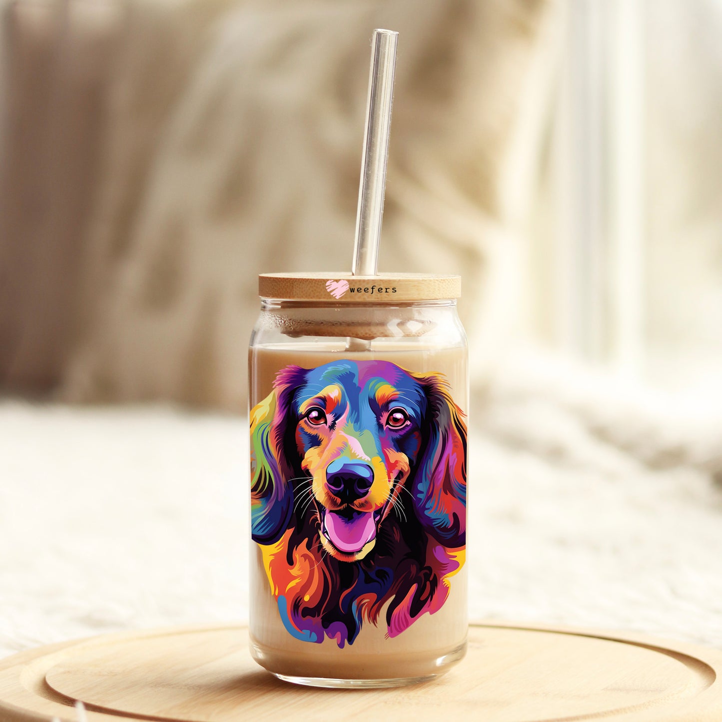 Dachshund Colorful Watercolor 16oz Libbey Glass Can UV DTF or Sublimation Wrap - Decal - Weefers