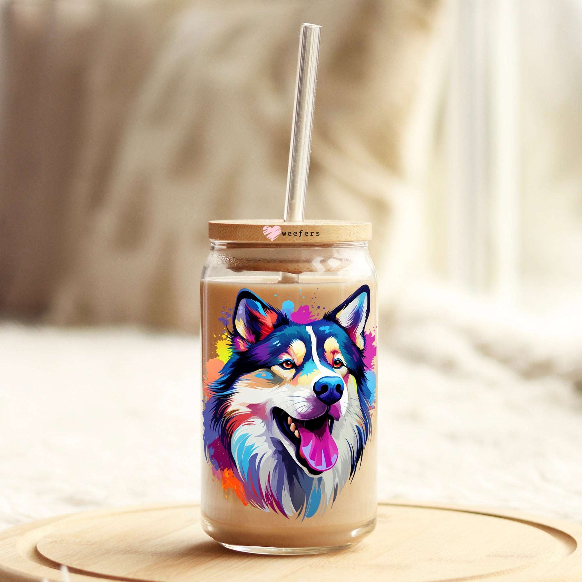 Alaskan Malamute Colorful Watercolor 16oz Libbey Glass Can UV DTF or Sublimation Wrap - Decal - Weefers