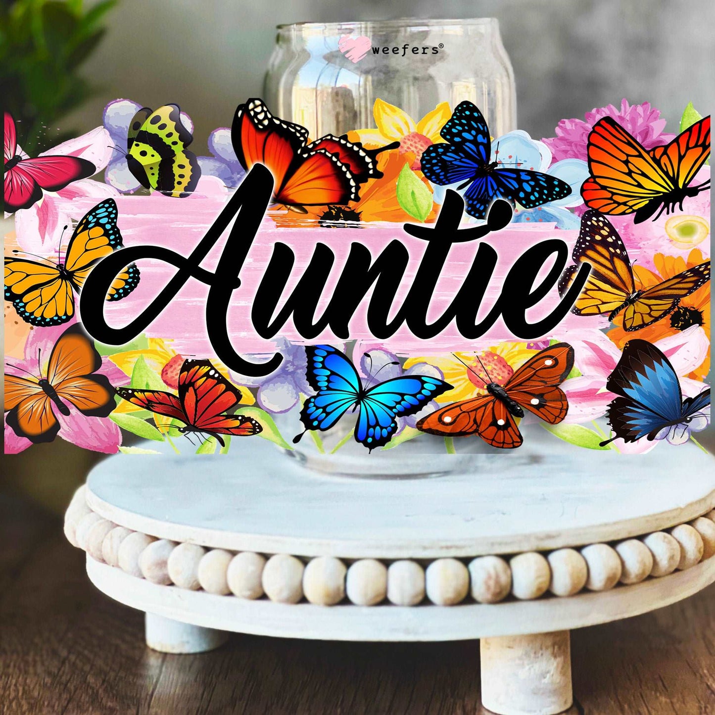 Auntie Colorful Butterflies 16oz Libbey Glass Can UV DTF or Sublimation Wrap Decal Transfer - Weefers