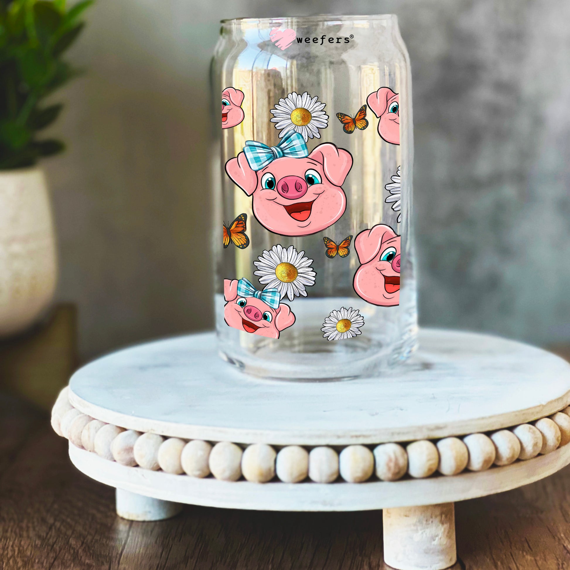 Pig faces and flowers 16oz Libbey Glass Can UV DTF Decal Transfer - Weefers