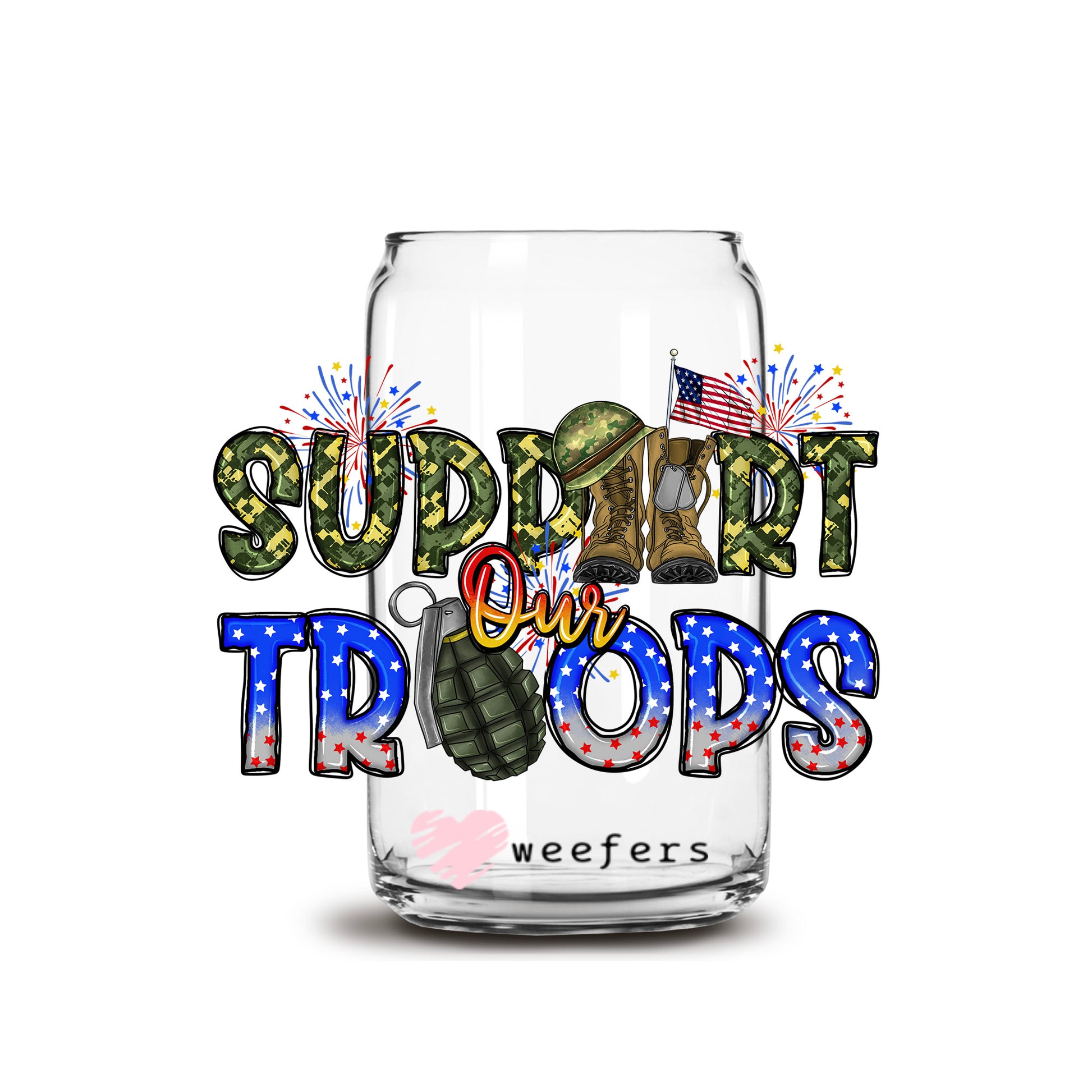 Support Our Troops 16oz Libbey Glass Can UV DTF or Sublimation Decal Transfer - Weefers