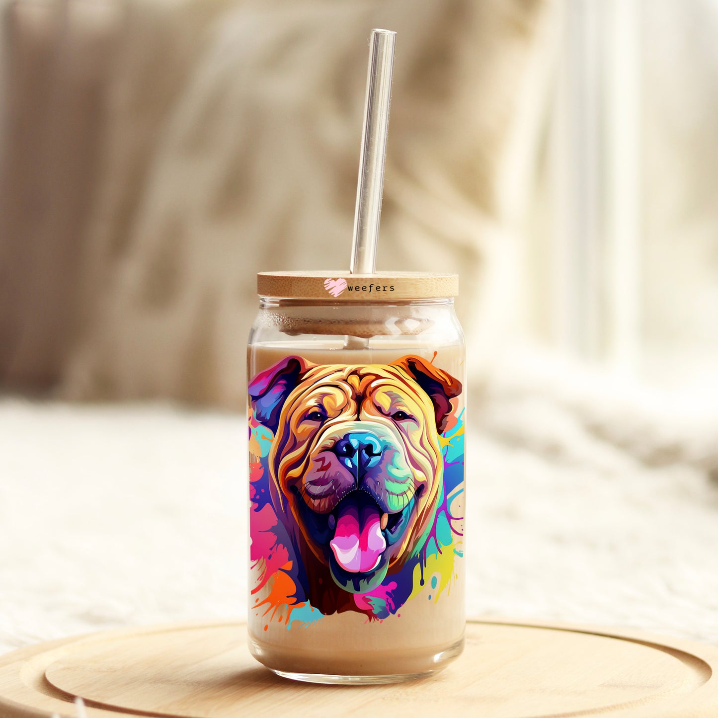 Chinese Shar Pei Colorful Watercolor 16oz Libbey Glass Can UV DTF or Sublimation Wrap - Decal - Weefers