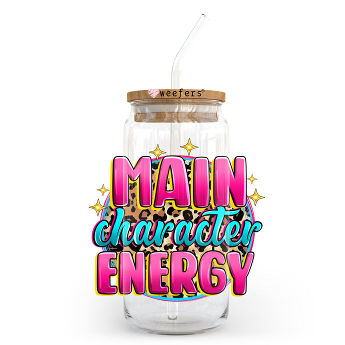 a mason jar with a straw in it that says main character energy