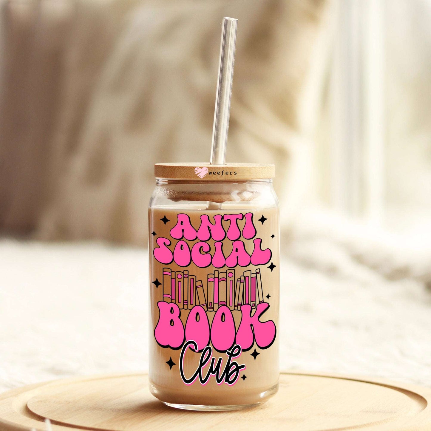 Anti Social Book Club Pink  16oz Libbey Glass Can UV DTF or Sublimation Wrap - Decal - Weefers