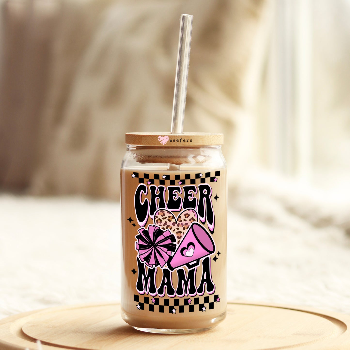 Cheer Mama Pink and Black 16oz Libbey Glass Can UV DTF or Sublimation Wrap - Decal - Weefers