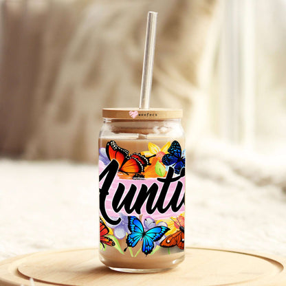 Auntie Colorful Butterflies 16oz Libbey Glass Can UV DTF or Sublimation Wrap Decal Transfer - Weefers