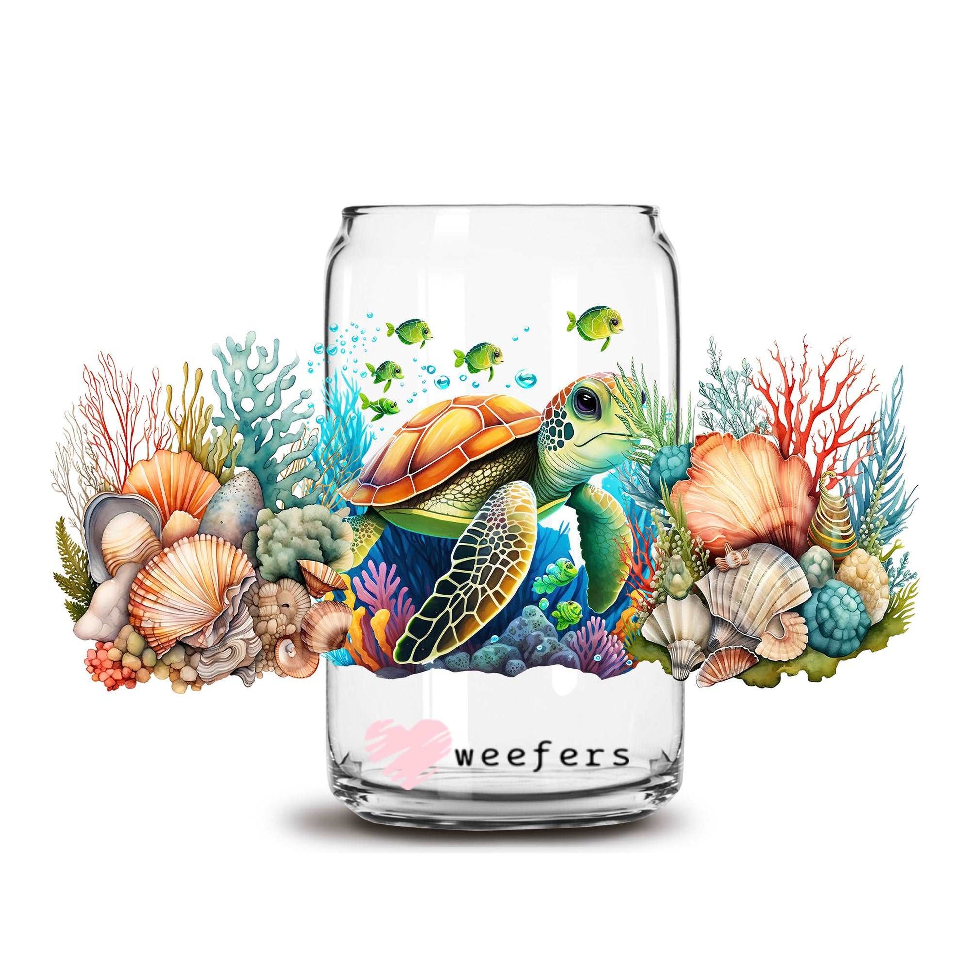 3D Turtle Floral 16oz Libbey Glass Can UV DTF or Sublimation Cup Wrap - Decal Transfer - Weefers