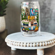 Load image into Gallery viewer, a glass jar with the words camp life painted on it
