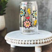 Load image into Gallery viewer, a glass jar with a flower and lightning sticker on it
