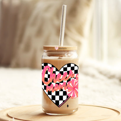 Cheer Mom Black Checkers 16oz Libbey Glass Can UV DTF or Sublimation Wrap Decal Transfer - Weefers