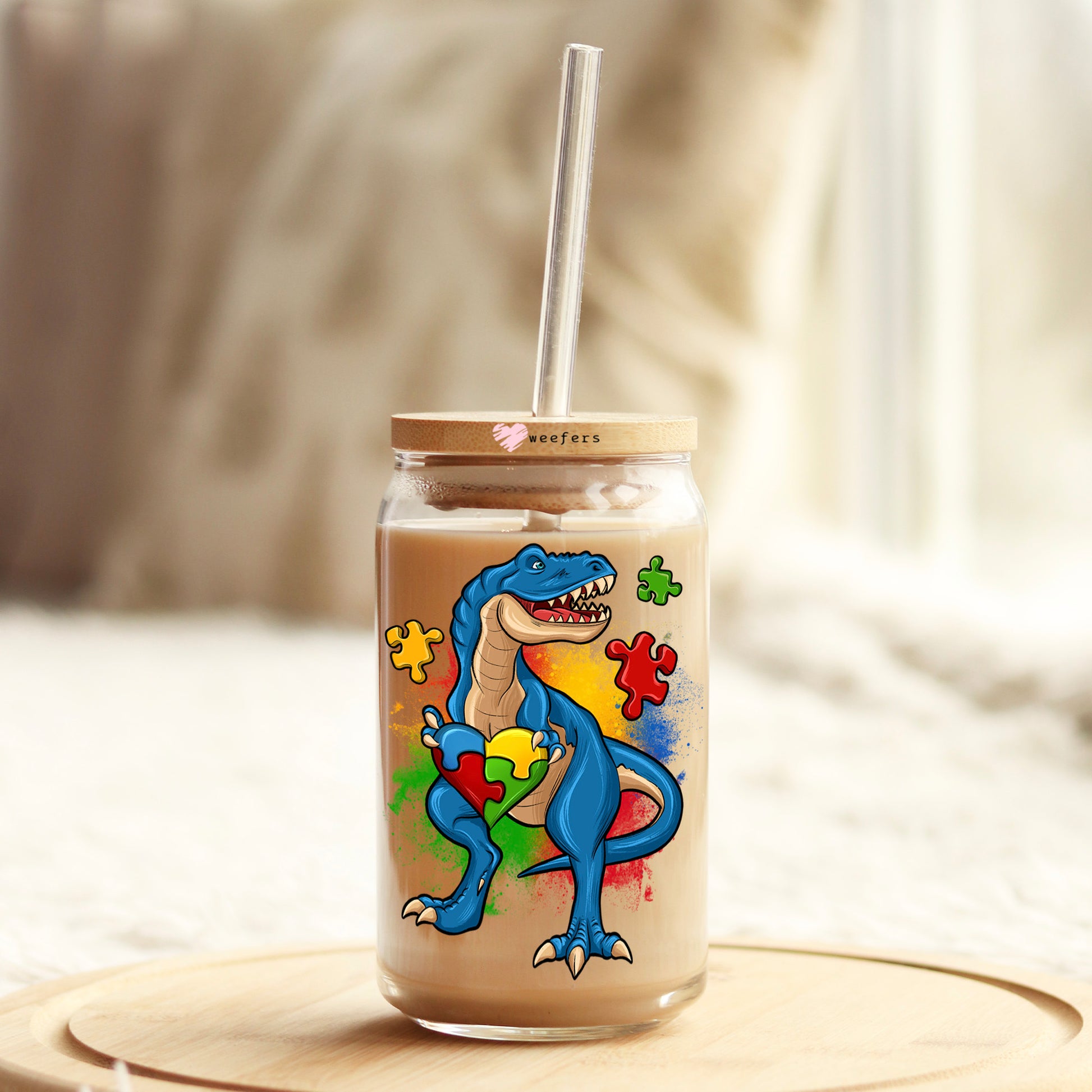 Autism Awareness T-Rex 16oz Libbey Glass Can UV DTF or Sublimation Wrap - Decal Transfers - Weefers