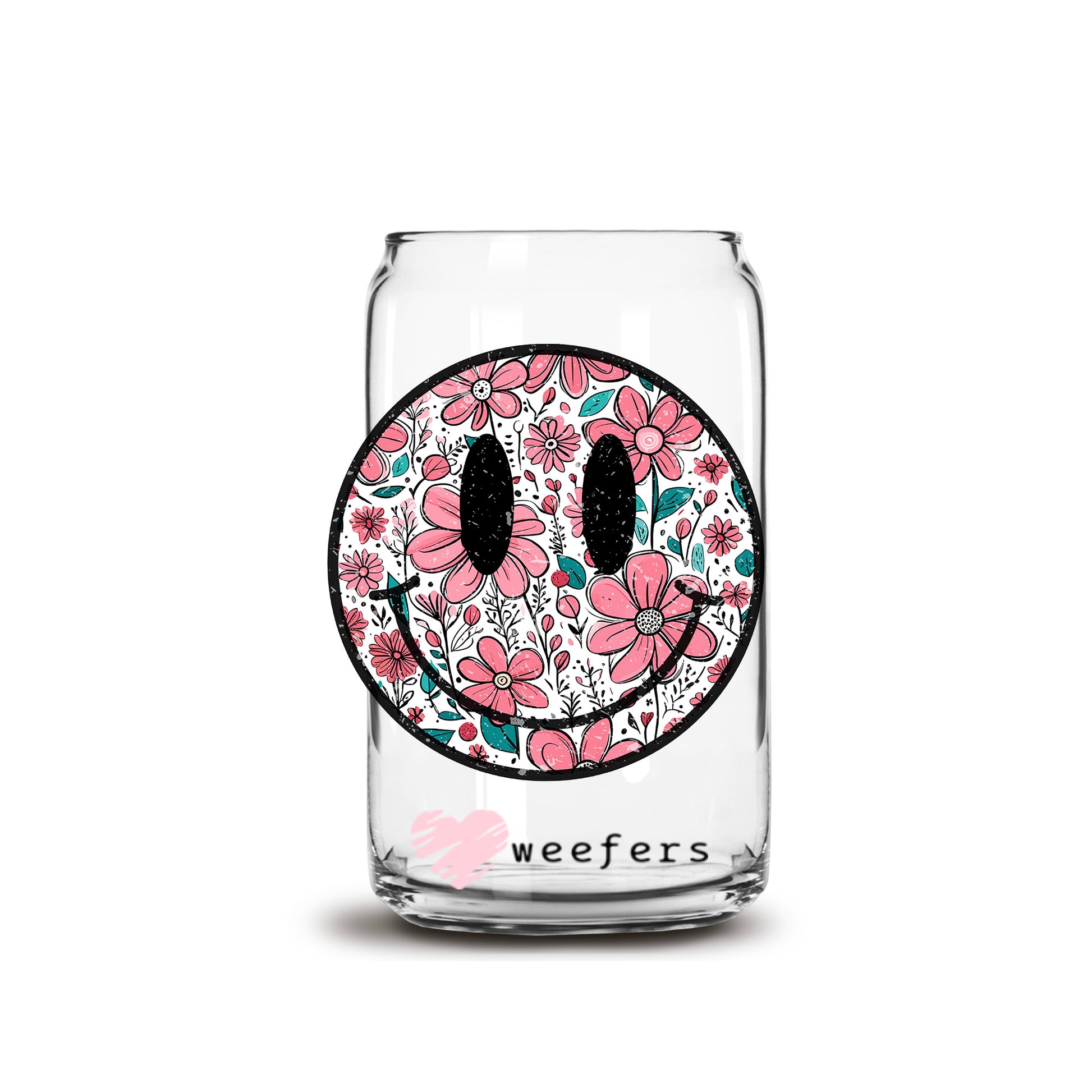 Floral Smile Face 16oz Libbey Glass Can UV DTF or Sublimation Wrap Decal Transfer - Weefers