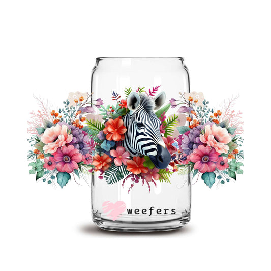 3D Zebra Floral 16oz Libbey Glass Can UV DTF or Sublimation Cup Wrap - Decal Transfer - Weefers