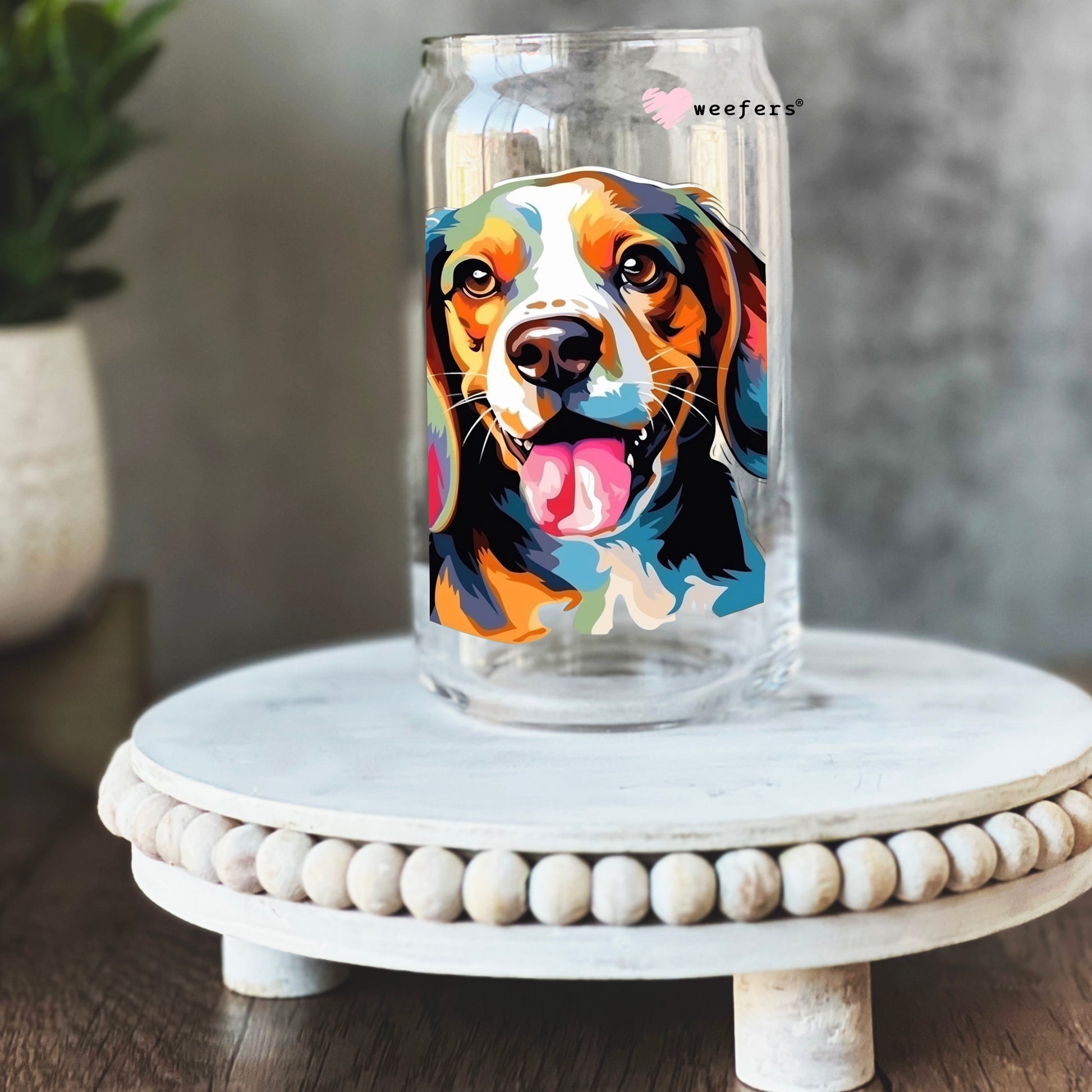 Beagle Colorful Watercolor 16oz Libbey Glass Can UV DTF or Sublimation Wrap - Decal - Weefers