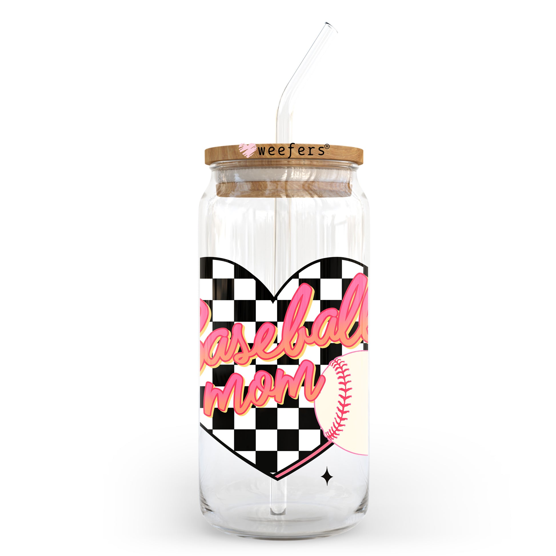 Baseball Mom Heart Checkered 20oz Libbey Glass Can, 34oz Hip Sip, 40oz Tumbler, 24oz Cold Cup UV DTF or Sublimation Decal Transfer - Weefers