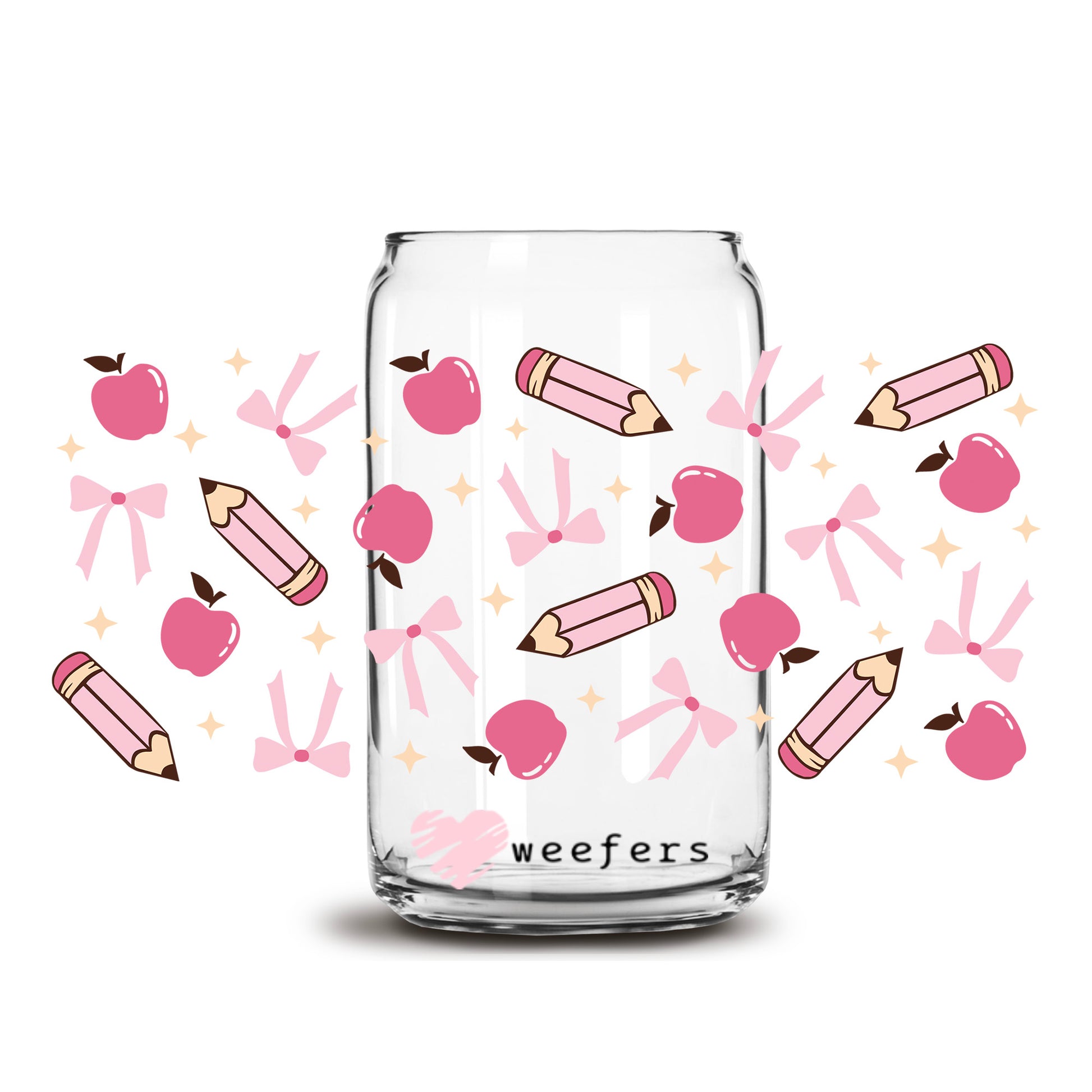 Pink Pencils And Apples Teacher 16oz Libbey Glass Can UV DTF or Sublimation Wrap - Decal Transfer - Weefers