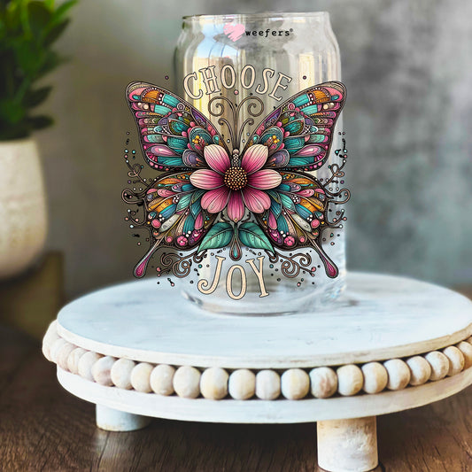 Choose Joy Colorful Butterfly 16oz Libbey Glass Can UV DTF or Sublimation Wrap Decal Transfer - Weefers