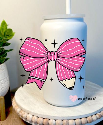 Teacher Pink Coquette Bow 16oz Libbey Glass Can UV DTF Decal Transfer - Weefers