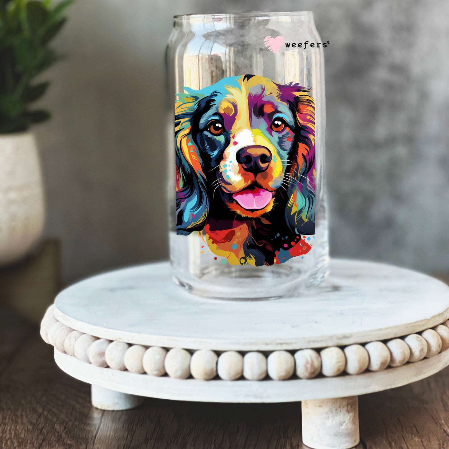 English Cocker Spaniel Colorful Watercolor 16oz Libbey Glass Can UV DTF or Sublimation Wrap - Decal - Weefers