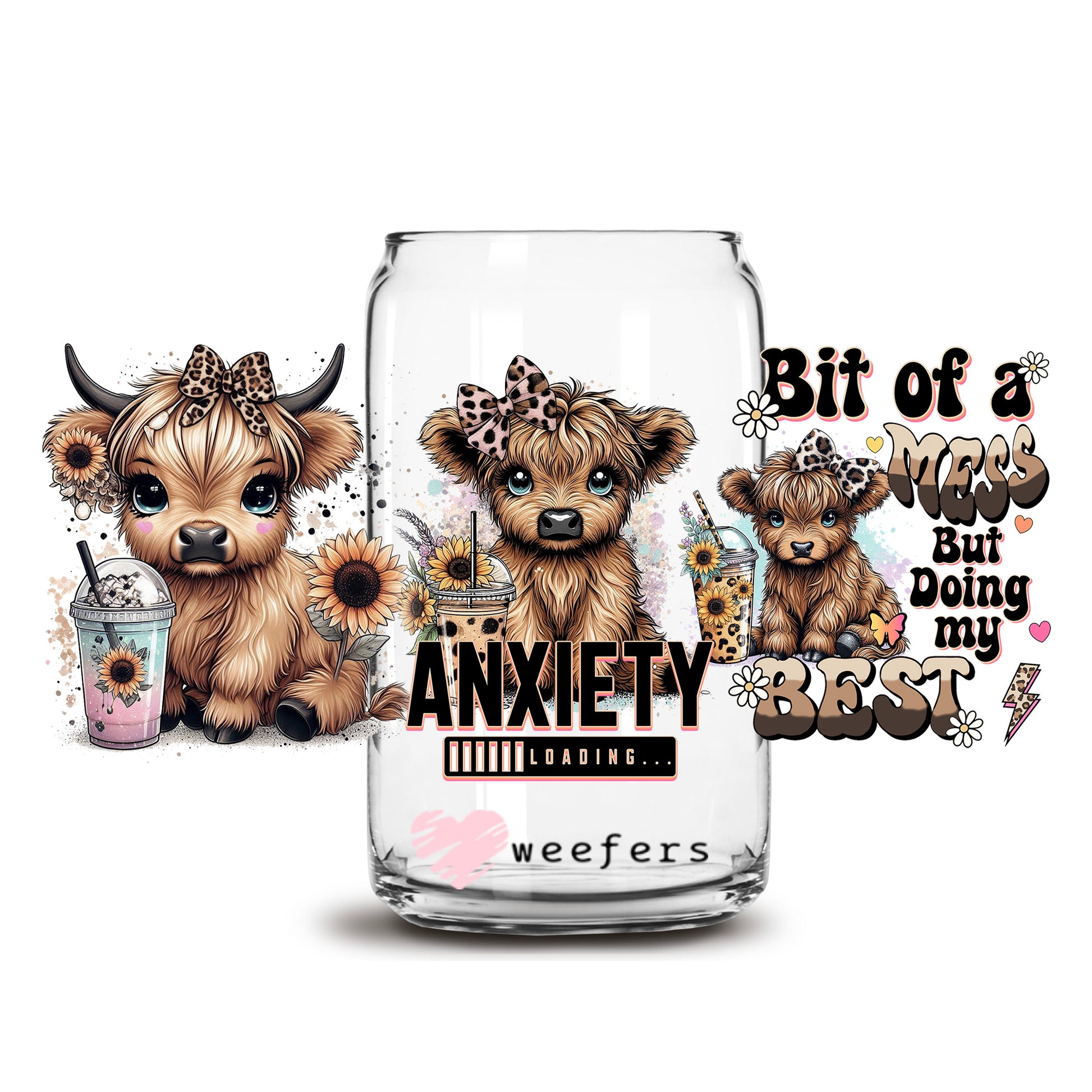 Bit of a Mess But Doing My Best Cute Highlander Cow 16oz Libbey Glass Can UV DTF or Sublimation Wrap Transfer - Weefers