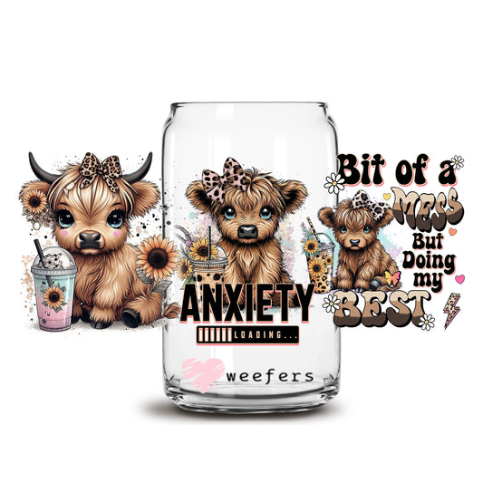 Bit of a Mess But Doing My Best Cute Highlander Cow 16oz Libbey Glass Can UV DTF or Sublimation Wrap Transfer - Weefers