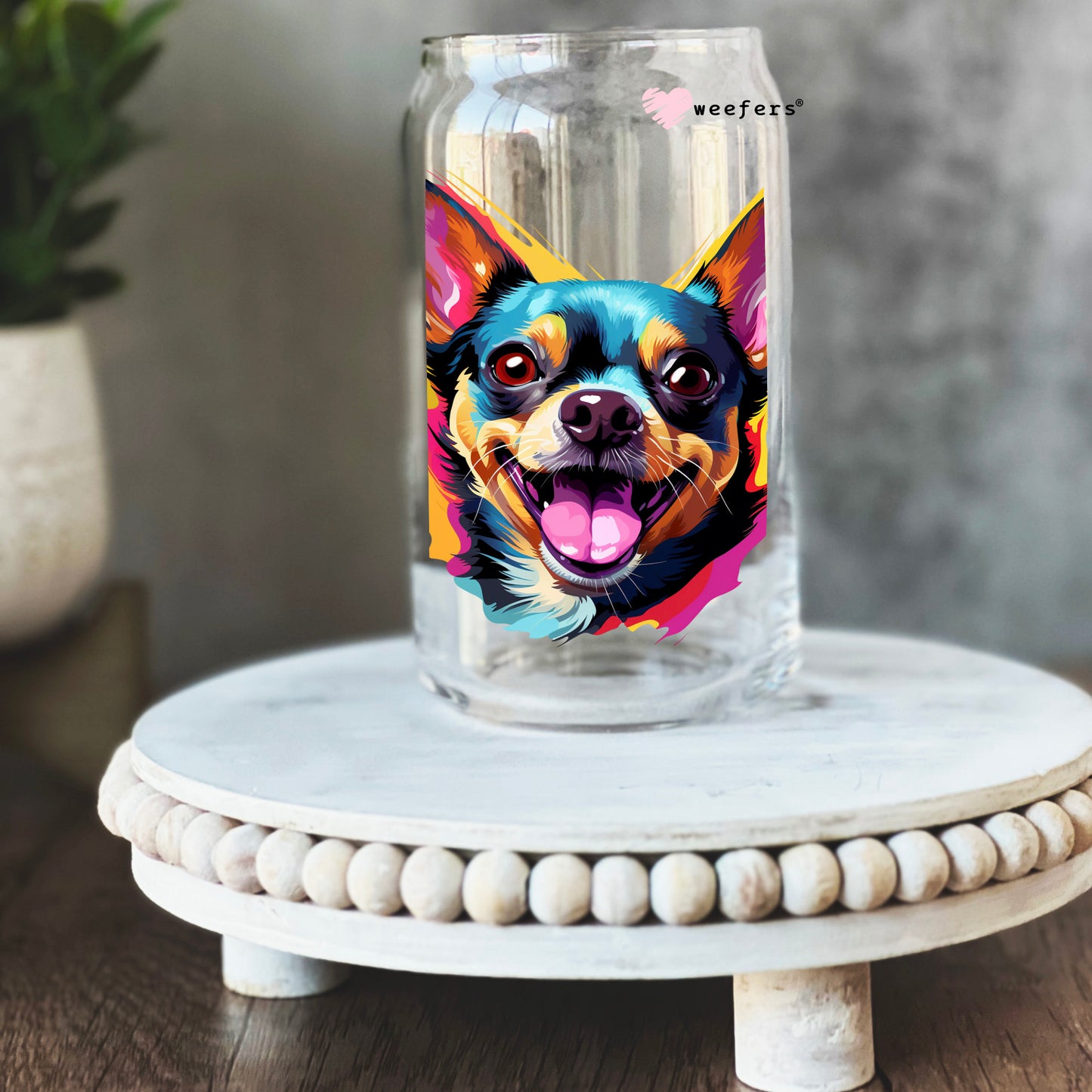 Chihuahua Colorful Watercolor 16oz Libbey Glass Can UV DTF or Sublimation Wrap - Decal - Weefers