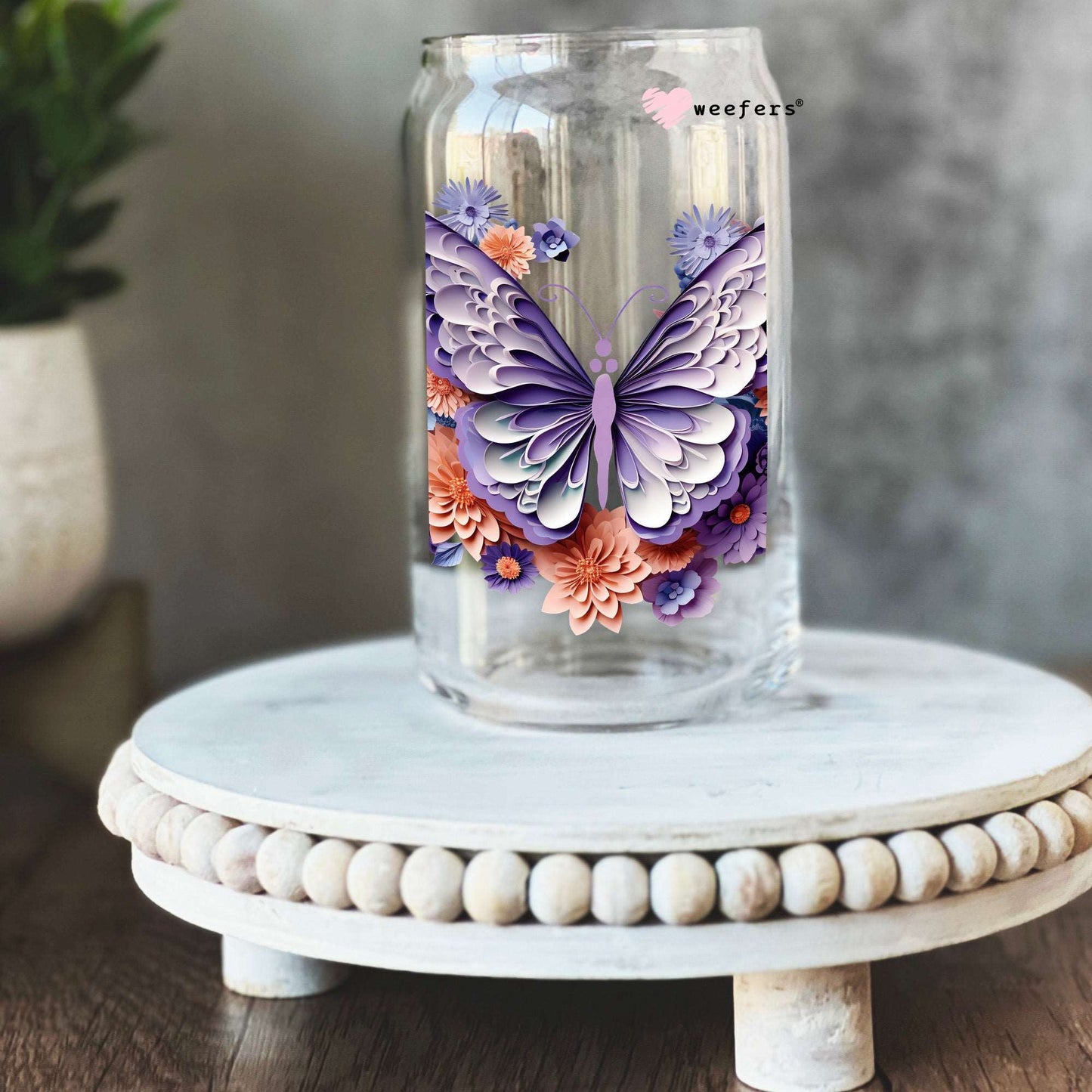 3D Purple Butterfly Floral 16oz Libbey Glass Can UV DTF or Sublimation Cup Wrap - Decal Transfer - Weefers