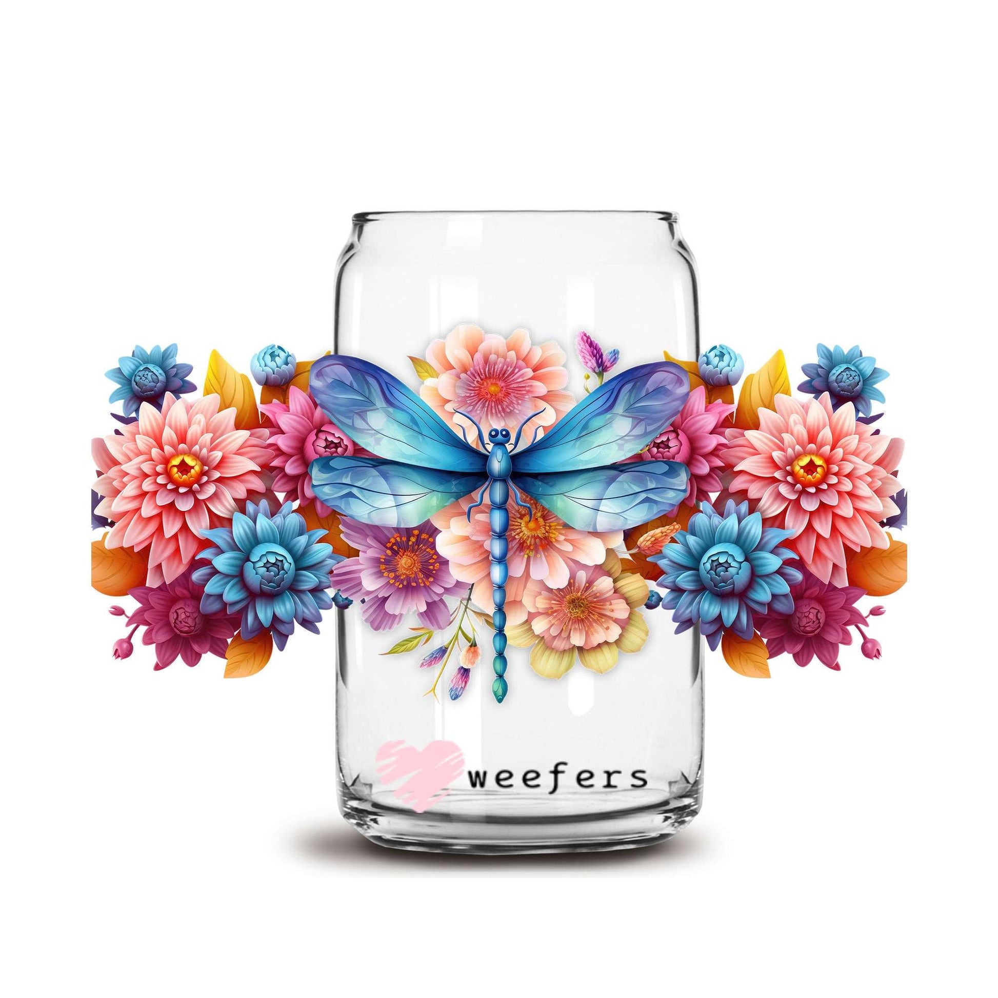 3D Dragonfly Floral 16oz Libbey Glass Can UV DTF or Sublimation Cup Wrap - Decal Transfer - Weefers