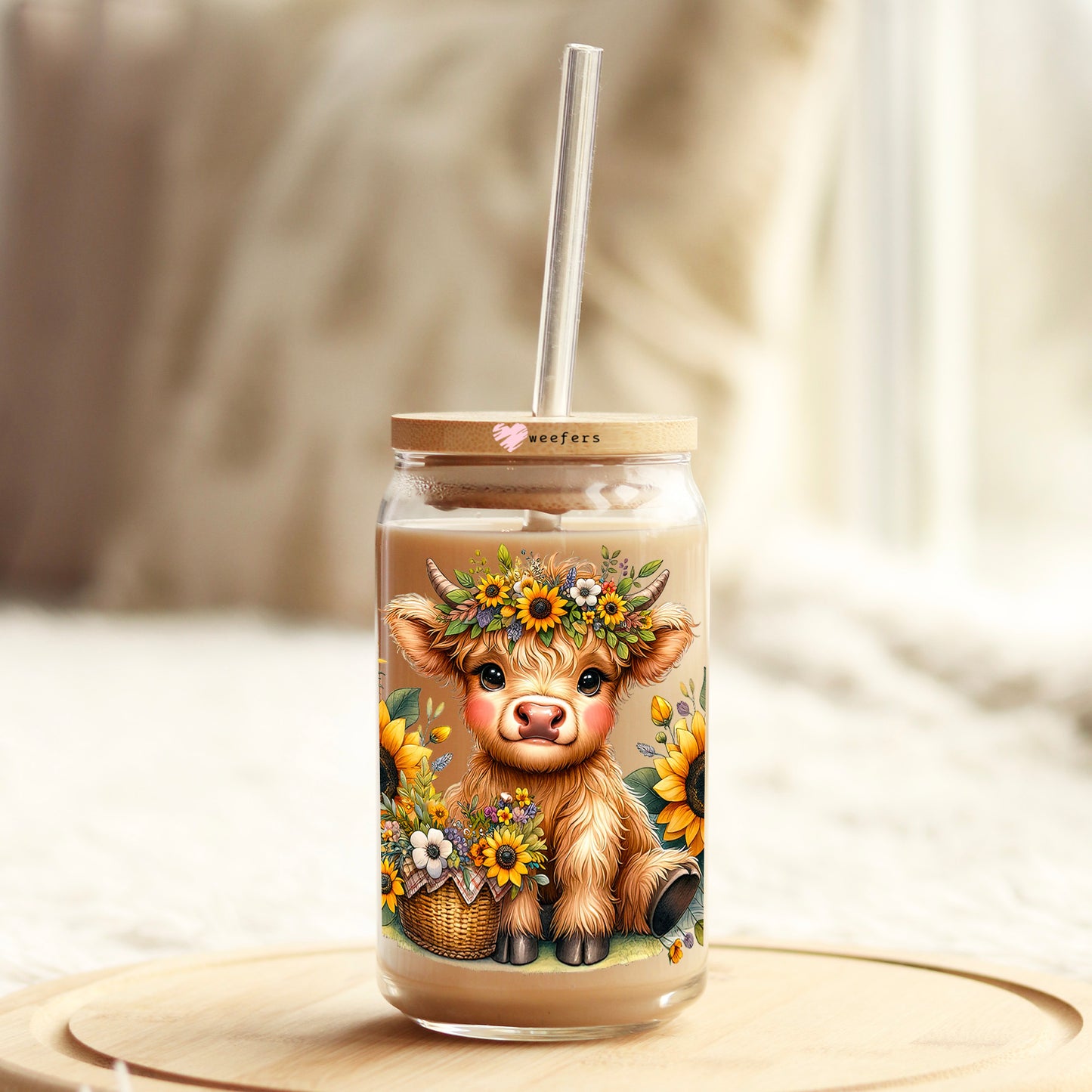 Baby Highlander Cow Sunflowers 16oz Libbey Glass Can UV DTF or Sublimation Wrap - Transfer - Weefers