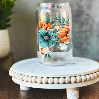 Floral Teal and Rust Swag 16oz Libbey Glass Can UV DTF or Sublimation Wrap - Transfer - Weefers