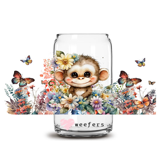 Cute Floral Monkey 16oz Libbey Glass Can UV DTF or Sublimation Wrap Transfer - Weefers