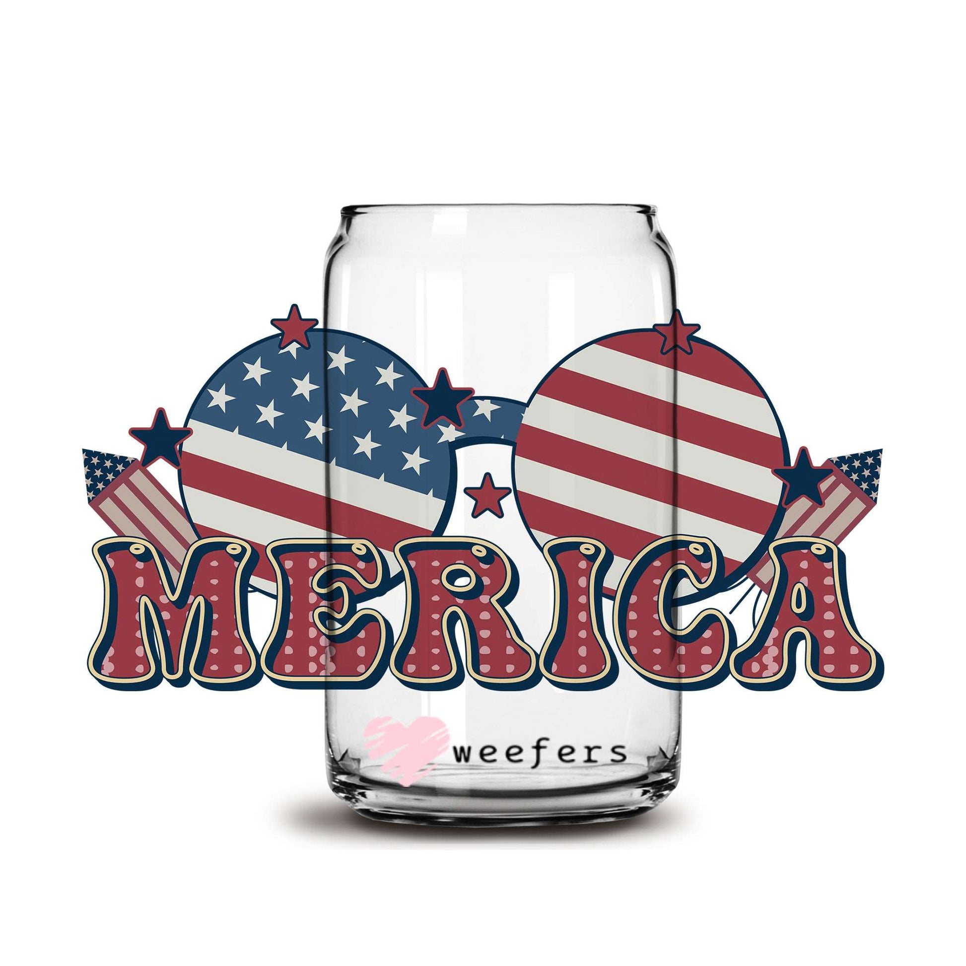 4th of July Sunglasses America 16oz Libbey Glass Can UV DTF or Sublimation Wrap - Decal - Weefers