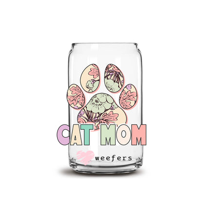 Cat Mom Paw Floral 16oz Libbey Glass Can UV DTF or Sublimation Wrap - Decal Transfer - Weefers