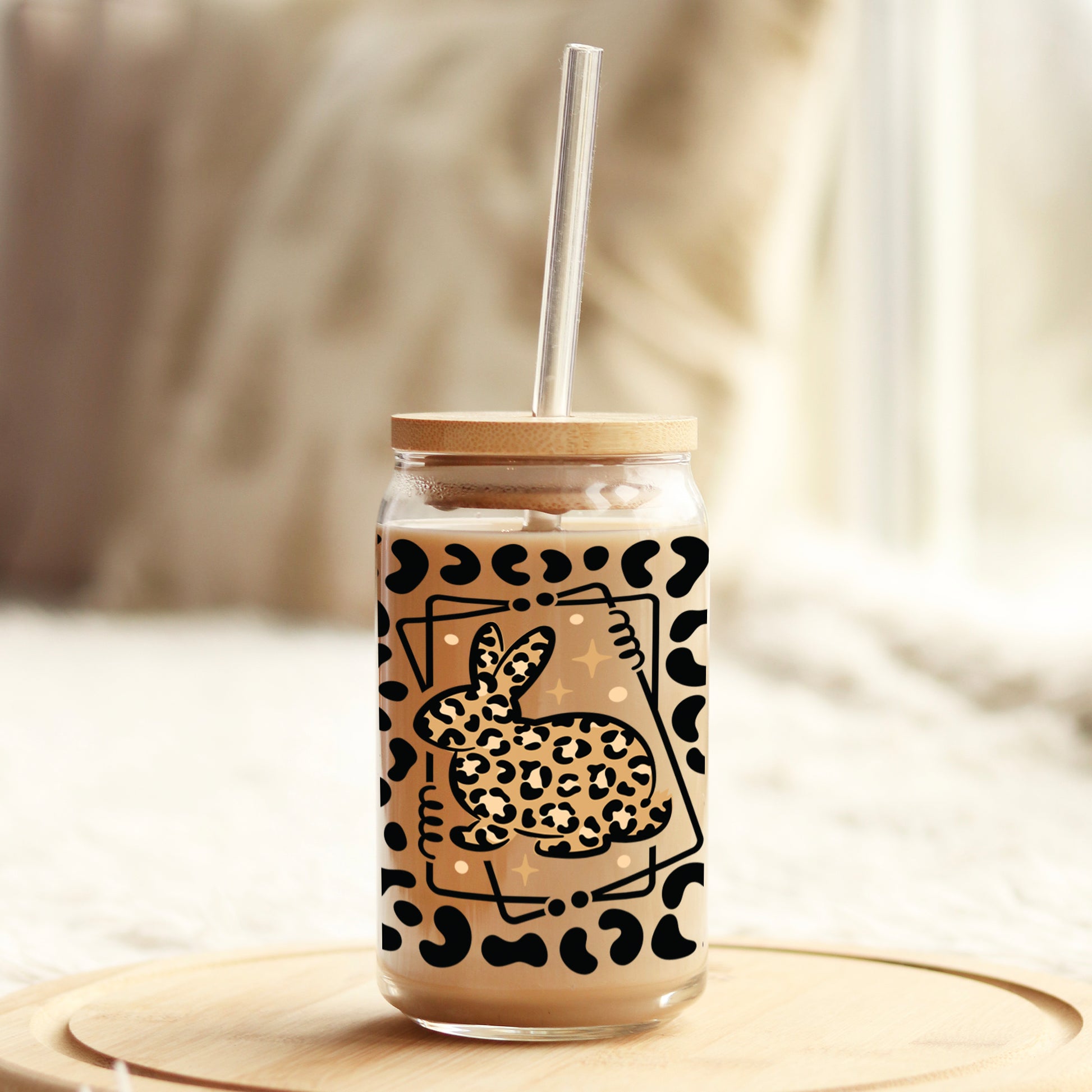 Leopard Bunny Easter 16oz Libbey Glass Can UV DTF or Sublimation Cup Wrap - Decal Transfer - Weefers