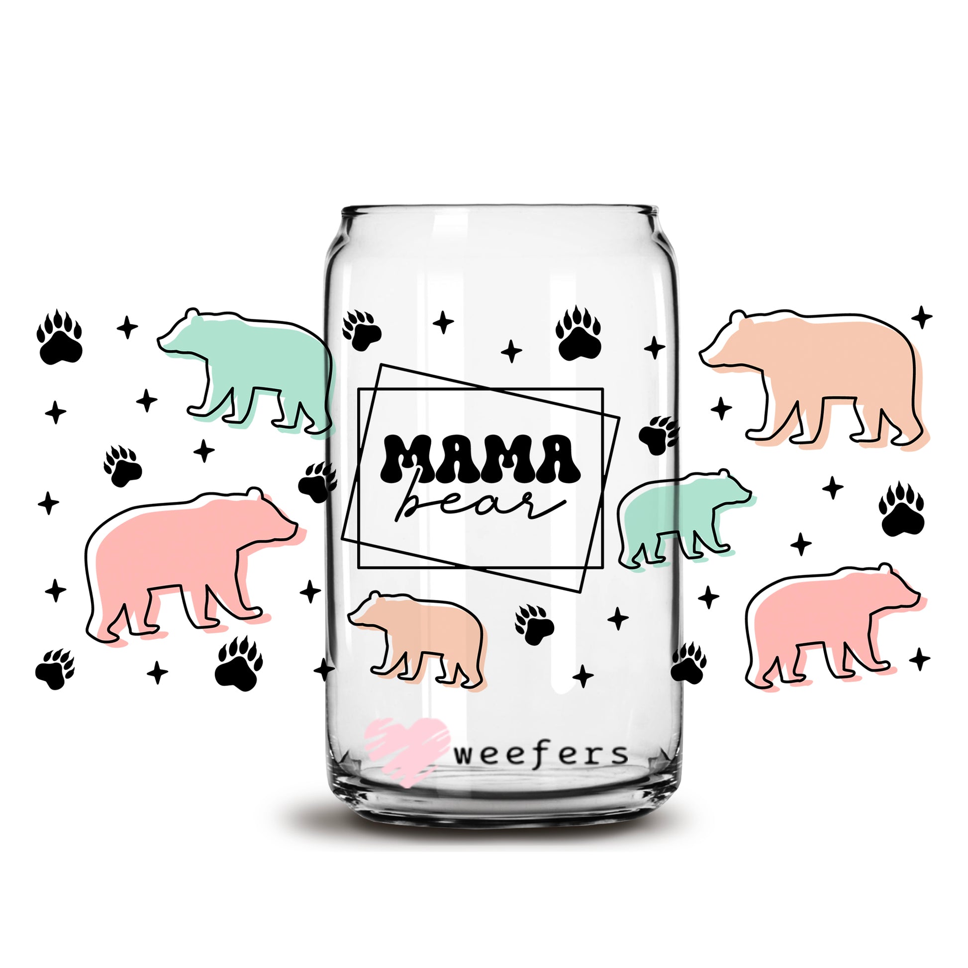 Mama Bear Teal and Pink 16oz Libbey Glass Can UV DTF or Sublimation Wrap - Decal - Weefers