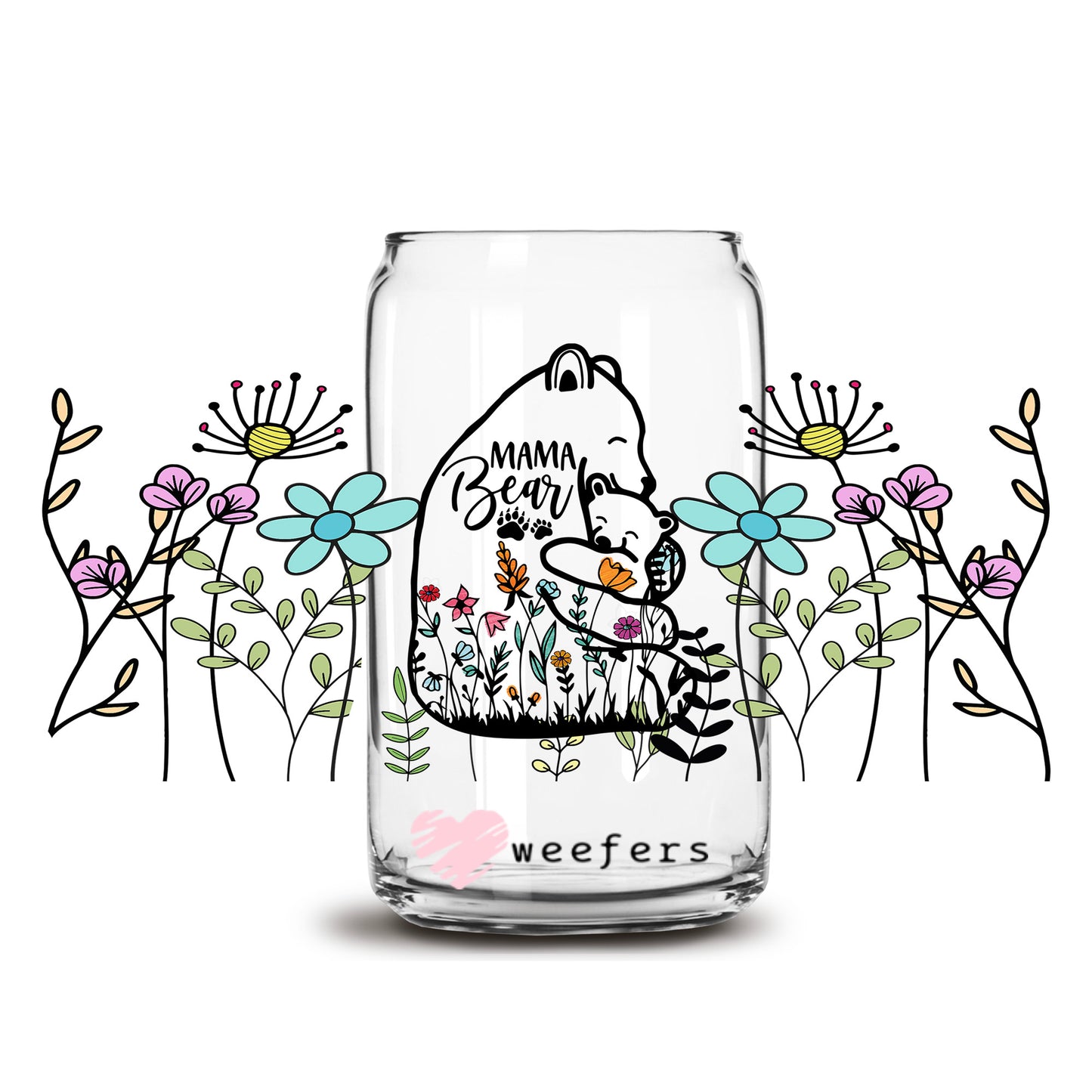 Mama Bear Wildflowers 16oz Libbey Glass Can UV DTF or Sublimation Cup Wrap - Decal Transfer - Weefers