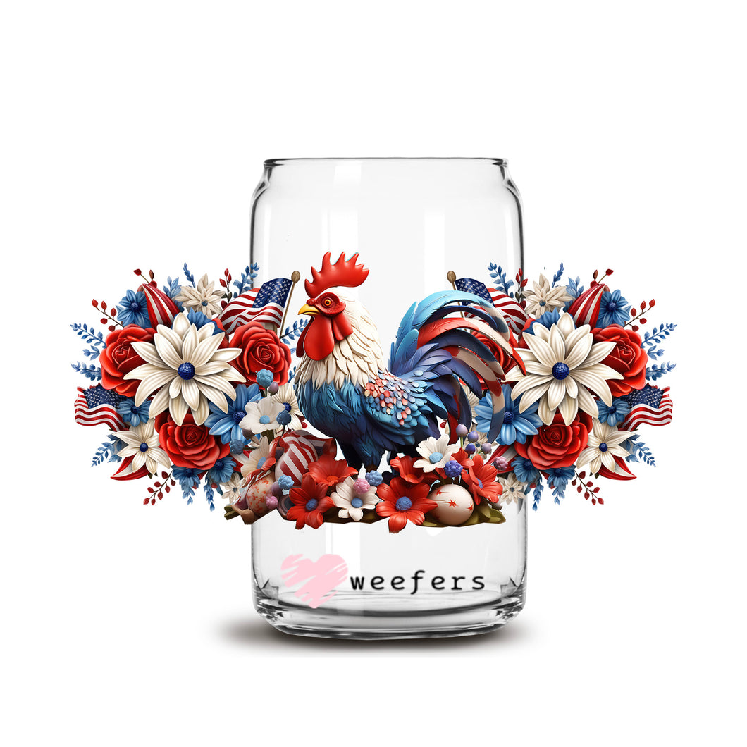 a glass jar with a rooster and flowers in it