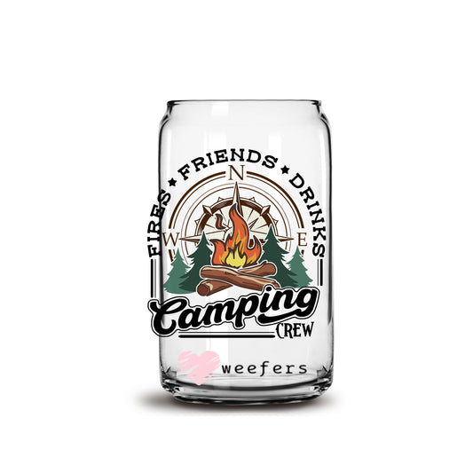 Fire Friends Drinks Camping Crew 16oz Libbey Glass Can UV DTF or Sublimation Wrap - Decal - Weefers