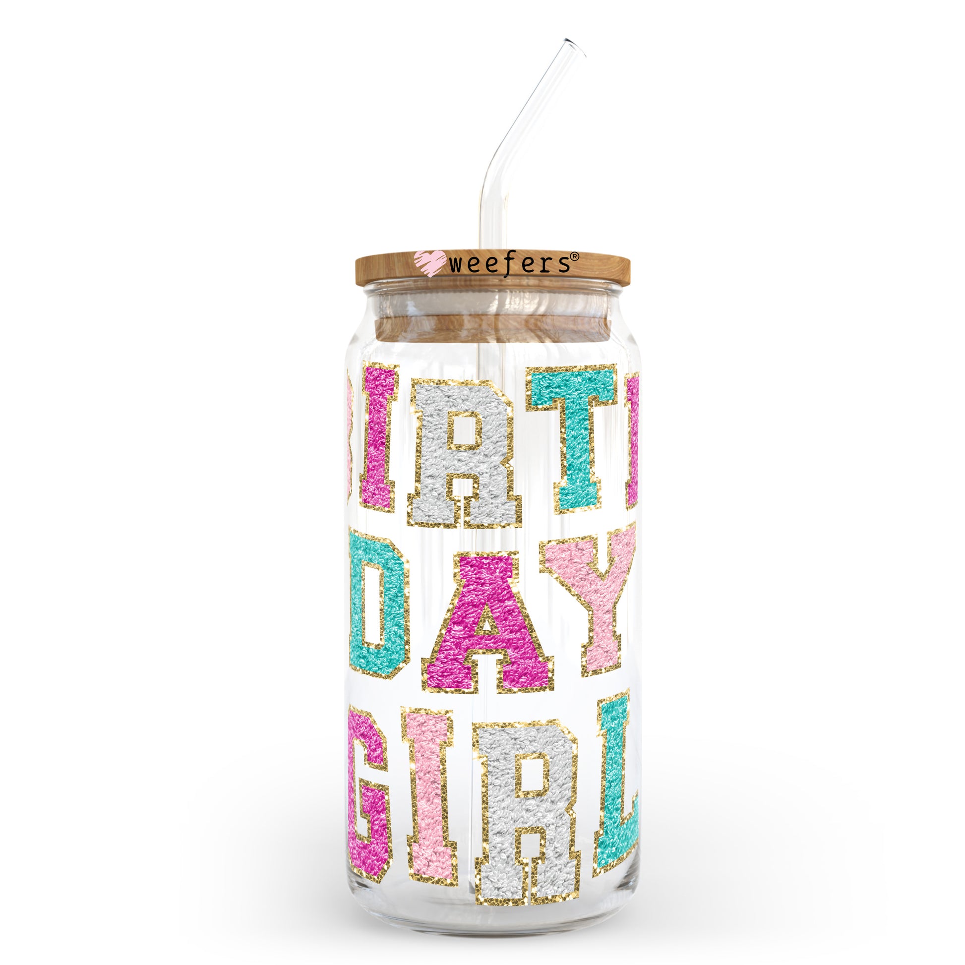 Birthday Girl Faux Chenille 20oz Libbey Glass Can UV DTF or Sublimation Wrap - Decal Transfer - Weefers